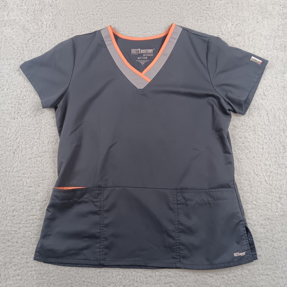 Grey's Anatomy Scrub Top Active Women L Gray Orange V-Neck 41399